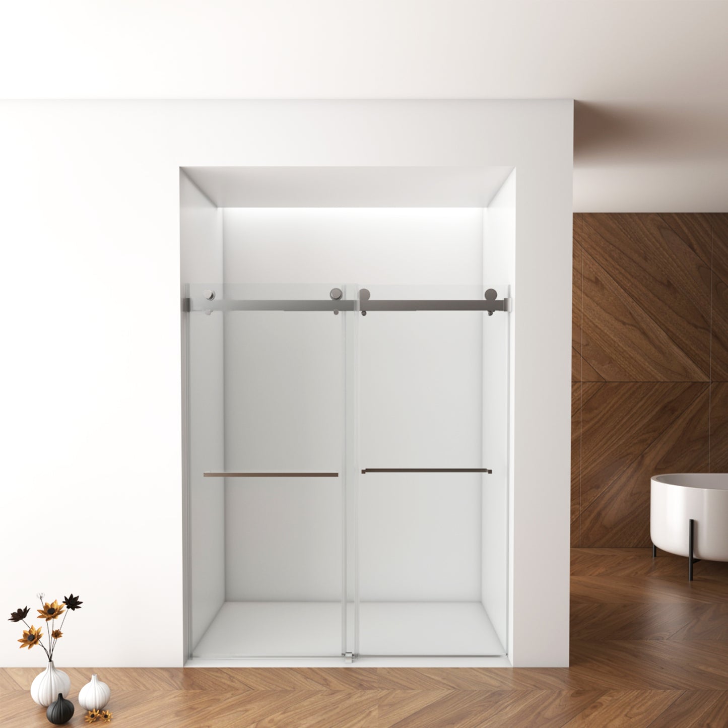 56'-60'W x 76'H Frameless Shower Door, Double Sliding Shower Door, 3/8'' (10mm) Clear Tempered Glass Shower Enclosure with Square Rail,Double Side Easy Clean Coat,Brushed Nickel Finished With Buffer