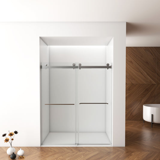 56'-60'W x 76'H Frameless Shower Door, Double Sliding Shower Door, 3/8'' (10mm) Clear Tempered Glass Shower Enclosure with Square Rail,Double Side Easy Clean Coat,Brushed Nickel Finished With Buffer