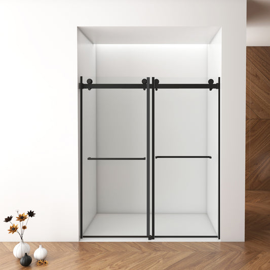 56'-60'W x 76'H Frameless Shower Door, Double Sliding Shower Door, 3/8'' (10mm) Clear Tempered Glass Shower Enclosure with Square Rail,Double Side Easy Clean Coat,Matte Black Finished With Buffer
