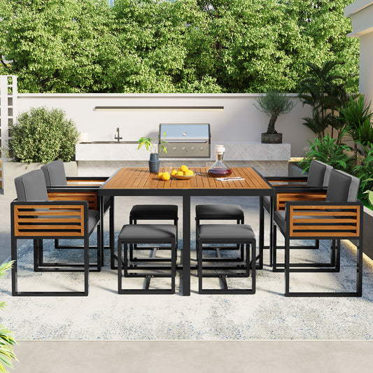 GO 9-Pieces Acacia Wood Patio Dining Set, Space Saving Outdoor Patio Set, 4 Cushioned Chairs & 4 Ottomans & 1 Square Table, for Backyard, Garden, Deck and Poolside, Gray