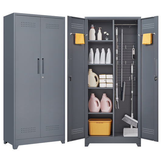Metal Storage Cabinets, Cleaning Tool Cabinet with Locking Door, Tall Broom Tool Organizer and Storage, Large Storage Cabinet for Kitchen, Pantry, Office, Shop