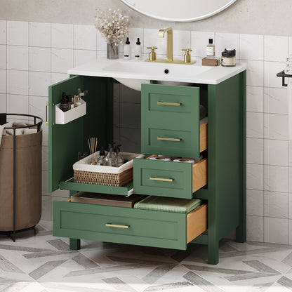 30' Green Bathroom Vanity with Sink Combination Set, Bathroom Storage Cabinet with Soft Close Door, 3 Soft Close Drawers and Removable Tray, Solid Wood Frame