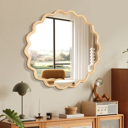 Solid Wood Wavy Mirror-Natural-Wood Vanity Mirror Wall Decor 42' x 42' Modern Mirror Wall Decor for Bathroom, Bedroom, Living Room, Dining Room, Cloakroom, Entryway