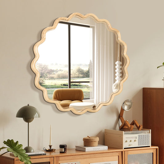 Solid Wood Wavy Mirror-Natural-Wood Vanity Mirror Wall Decor 42' x 42' Modern Mirror Wall Decor for Bathroom, Bedroom, Living Room, Dining Room, Cloakroom, Entryway