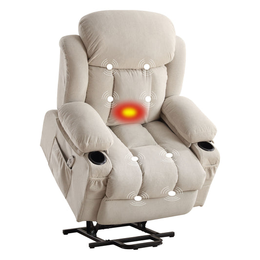 Power Lift Recliner Chair with Heat and Massage Electric Fabric Recliner Chair for Elderly with Side Pocket, USB Charge Port, Living room plastic armchair (BEIGE)A+B