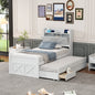 Twin Size Wooden Bed with Storage Headboard with Outlets, Extendable Bed with Twin Size Trundle with Three Storage Drawers,White