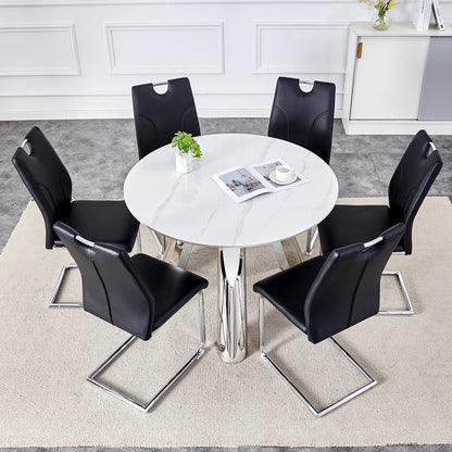 Table and chair set.A 42-inch stainless steel leg round table .Paired with 6 Uniquely designed Black Dining Chairs With Silver Metal Leg.Sintered Stone Tabletop,Stainless Steels Table Legs.