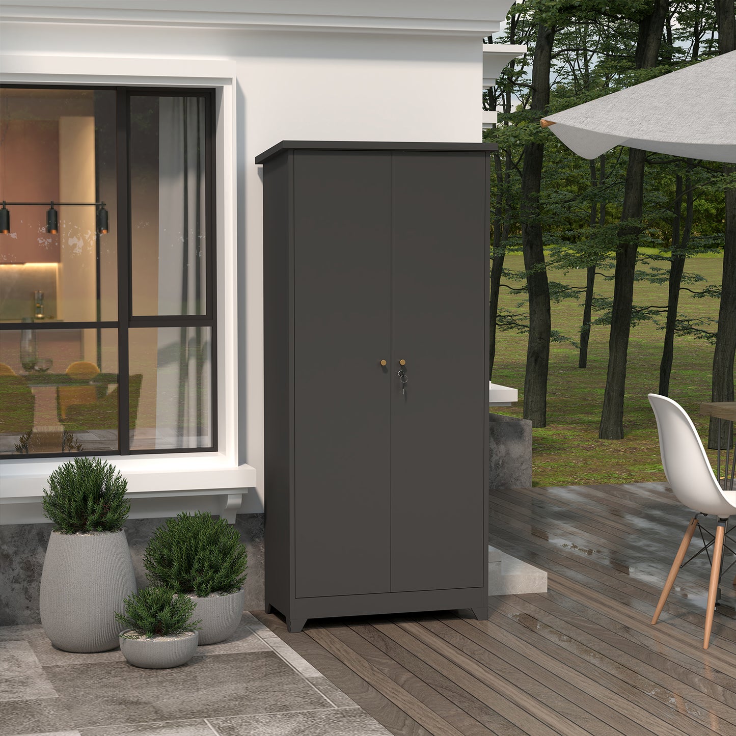 Outdoor Storage cabinet, Tool cabinet with Sloping Roof and Waterproof Roof and Sturdy Lockable Doors, Metal cabinet for Backyard Garden Patio Lawn, Grey