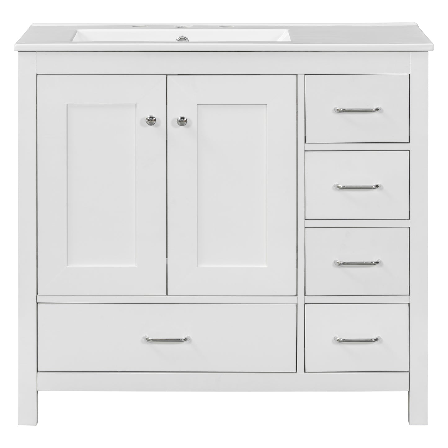 Modern 36' White Bathroom Vanity with Ceramic Sink Combo and Abundant Storage, 2 Soft-close Doors and 5 Drawers
