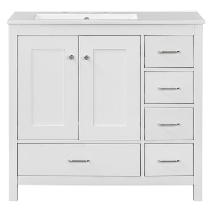 Modern 36' White Bathroom Vanity with Ceramic Sink Combo and Abundant Storage, 2 Soft-close Doors and 5 Drawers