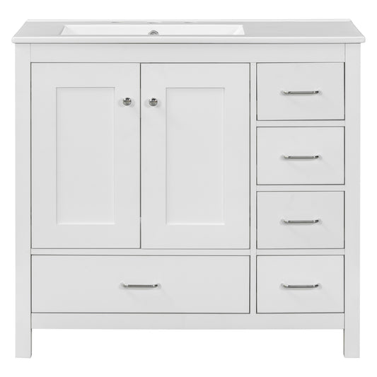 Modern 36' White Bathroom Vanity with Ceramic Sink Combo and Abundant Storage, 2 Soft-close Doors and 5 Drawers
