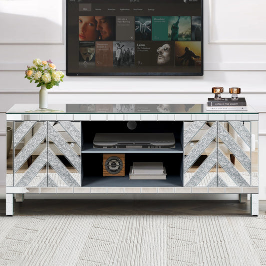 Mirrored TV Stand for 65+ inch TV,Sliver TV Console Table with Open Storage & 2 Storage Cabinets ,M Shape Sparkling Mirror Doors for Living Room(59''W x 25.2''H x 15.7D)
