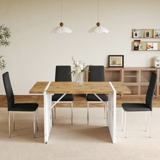 Table And Chair Set.Natural Wood Grain MDF Dining Table - 55'x31.5' Inch.Paired With 4 Modern Style Dining Chairs in Black, Essential for Minimalist Homes.Blending into Various Home Environments.