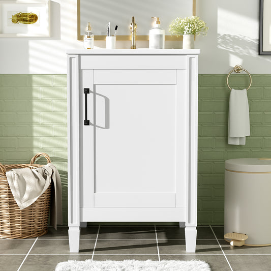 20' White Bathroom Vanity with Ceramic Sink, Soft Close Door, Adjustable U-Shaped Shelf, Door Storage Rack, Modern Freestanding Cabinet for Small Bathrooms