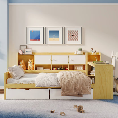 Wooden L-Shape Daybed with Seven Storage Cabinets and Two Storage Drawers, Multi-functional Bed with Study Desk and Built-in Bookshelf, Natural+White