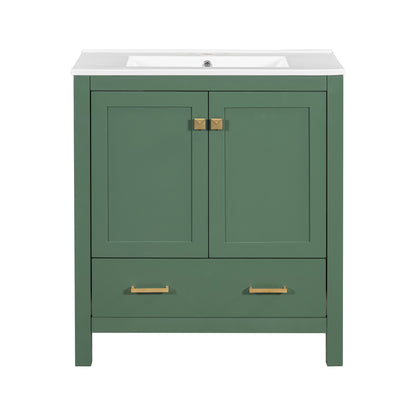 Transitional 30 Inch Green Bathroom Vanity with Single Sink and Soft Close Storage