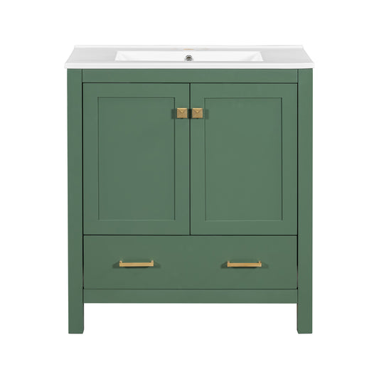 Transitional 30 Inch Green Bathroom Vanity with Single Sink and Soft Close Storage