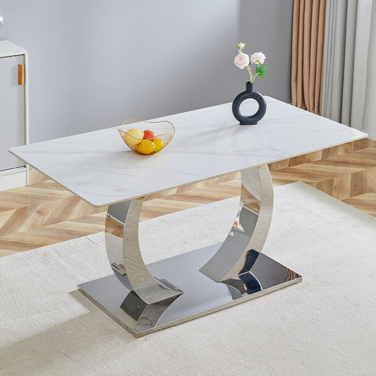 63x31.5x30-inch Slate Dining Table - A Perfect Blend of Durability and Elegance.Rock slab desktop,Burnt Stone with lmitation Marble Texture,Silver stainless steel metal table legs.