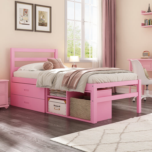 Twin Size Wood Platform Bed with Removable Storage Shelves, Built-in Two Storage Drawers for Added Convenience, Pink