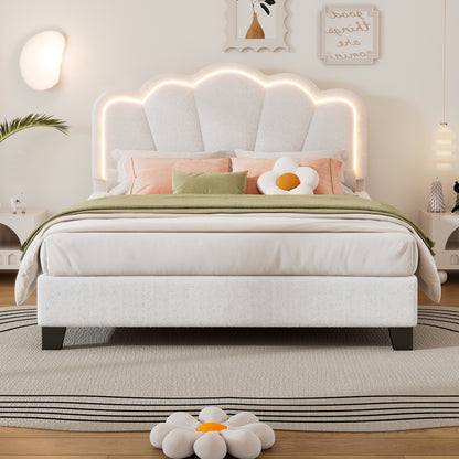 Full Size Upholstered Flower-Shape Bed, Elegant Flowers Headboard with LED Light Strip, Sherpa Fabric Platform Bed with Wooden Slats Support, White