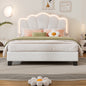 Full Size Upholstered Flower-Shape Bed, Elegant Flowers Headboard with LED Light Strip, Sherpa Fabric Platform Bed with Wooden Slats Support, White