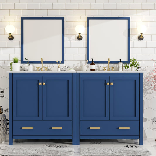 60' Blue Bathroom Vanity Set with Double Vanities (Separate), Double Ceramic Sinks, Storage Shelf, and Divided Drawers  (Mirror not included)– Modern Bathroom Solution for Spacious Bathrooms
