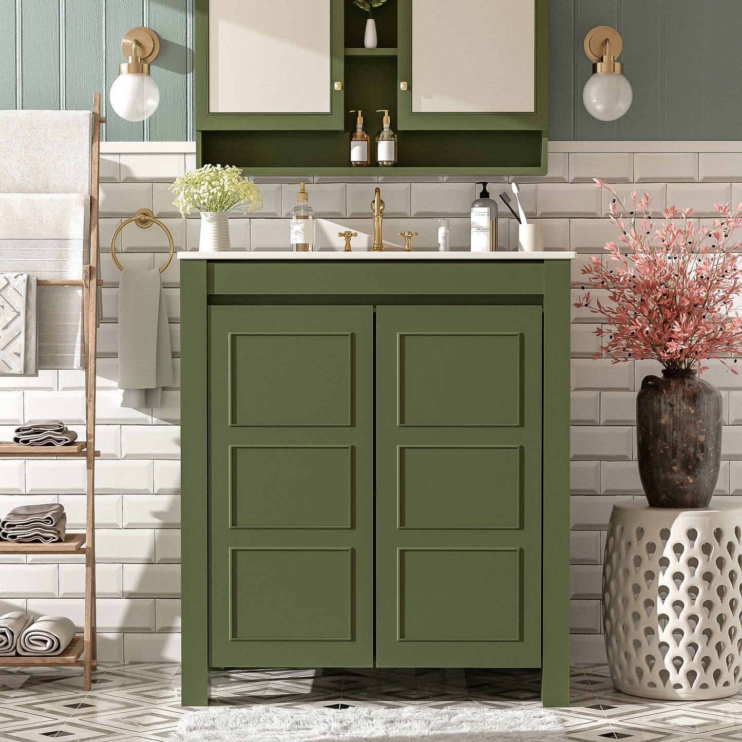 30'' Farmhouse Bathroom Vanity with Ceramic Sink, Soft-Close Door, Adjustable Shelf, Olive Green Storage Cabinet, Modern Wood Frame, Spacious Design, and Easy-to-Clean Surface