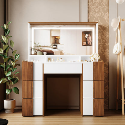 44.4' Elegant Vanity Table with Large Lighted Mirror & Power Outlet, Dressing Table with 7 Drawers & Shelves, Vanity Desk with Brown Solid Wood-style Stickers