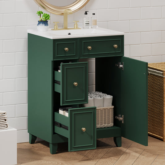 24' Forest Green Bathroom Vanity Cabinet with Ceramic Sink, 2 Drawers, 1 Soft-Close Door