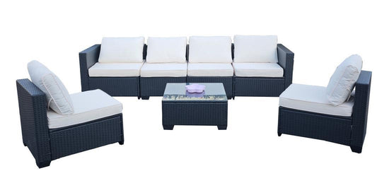 Seven-Piece Sofa Set Table With Sofa Chair Black PE Rattan Outdoor Furniture 7-JH002 Box 3-1-2-3 With Beige Color Cushion