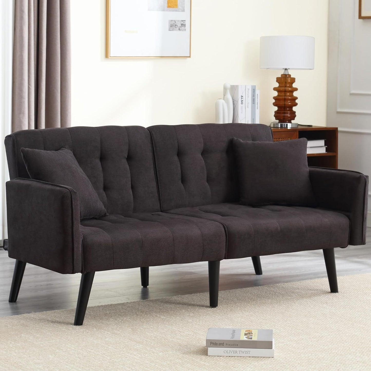 Futon Sofa Bed, 56' Loveseat Sofa Couches Mid Century Modern Couch Sleeper Sofa Bed with Adjustable Backrest and Armrests, Comfy Fabric Small Couches for Living Room Bedroom Office