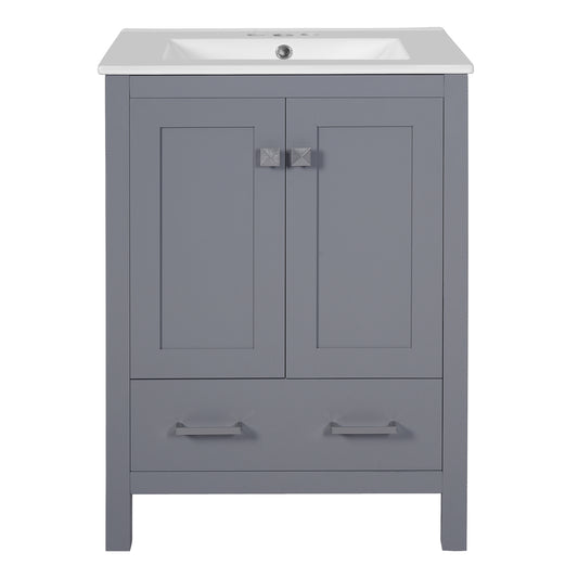 24-inch Gray Bathroom Vanity with Integrated Undermount Ceramic Sink, 2 Doors 1 Drawer, Soft-Close Hinges, Solid Wood Frame, MDF Panels, Painted Finish