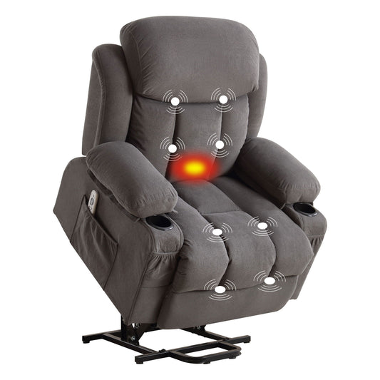 Power Lift Recliner Chair with Heat and Massage Electric Fabric Recliner Chair for Elderly with Side Pocket, USB Charge Port, Living room plastic armchair (Grey)A+B
