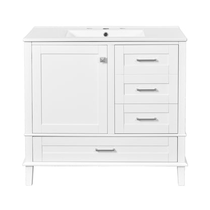 Modern 36-Inch White Bathroom Vanity with Solid Pine Frame, Soft-Close Door, and Drawers