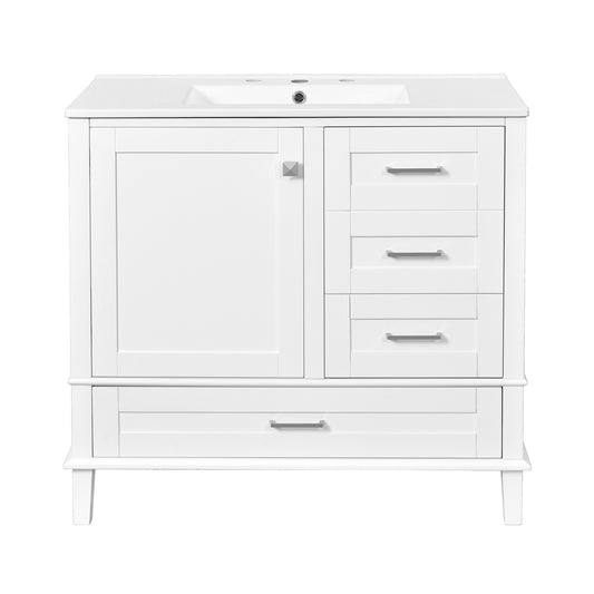 Modern 36-Inch White Bathroom Vanity with Solid Pine Frame, Soft-Close Door, and Drawers