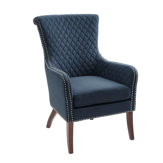 Modern Accent Chair with Quilted Back and Silver Studs, Blue, Solid Wood, 27'