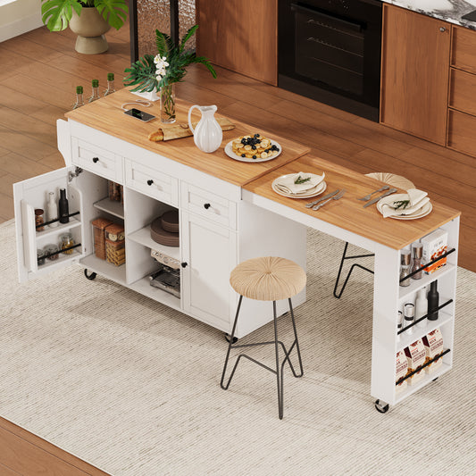 K&K 85.5' Kitchen Island with Extendable Dining Table, Kitchen Storage Table with 3 Side Open Shelves, Rolling Kitchen Island with Power Outlet, 3 Drawers, 2 Doors, for Kitchen, Dining Room, White