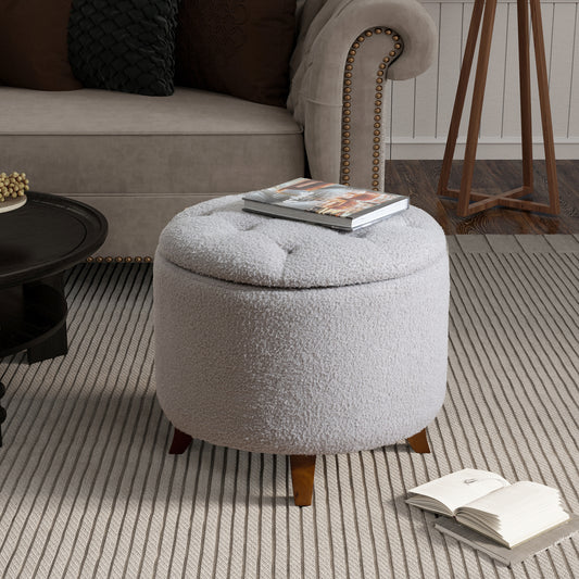 Round Ottoman storage stool with Cover Lid,Decorate the living room and bedroom with round teddy fleece storage Ottoman (Grey)