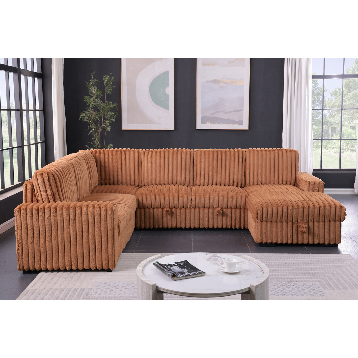 122 Inch Pull Out Couch, Rabbit plush Fabric Sofa Bed Ports & Comfy Upholstered, Oversized U Shape Sectional Sleeper Sofa Bed with Storage Chaise,Orange