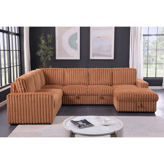 122 Inch Pull Out Couch, Rabbit plush Fabric Sofa Bed Ports & Comfy Upholstered, Oversized U Shape Sectional Sleeper Sofa Bed with Storage Chaise,Orange