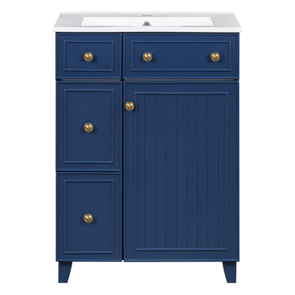 Transitional Bathroom Vanity Cabinet with Ceramic Sink, Blue, Solid Wood & MDF, 24-Inch
