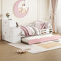 Twin Size Wood Platform Bed with Sample Bookshelf and Movable Wardrobe, Multifunctional Bed with Built-in Trundle Bed, Pink