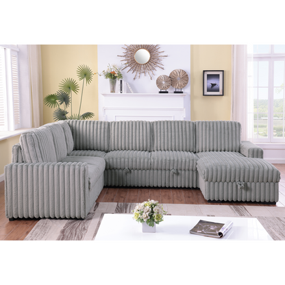 122 Inch Pull Out Couch, Rabbit plush Fabric Sofa Bed Ports & Comfy Upholstered, Oversized U Shape Sectional Sleeper Sofa Bed with Storage Chaise,Light gray