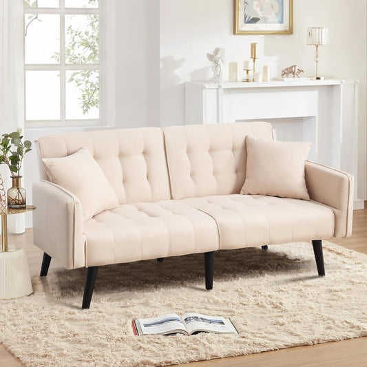 Futon Sofa Bed, 56' Loveseat Sofa Couches Mid Century Modern Couch Sleeper Sofa Bed with Adjustable Backrest and Armrests, Comfy Fabric Small Couches for Living Room Bedroom Office
