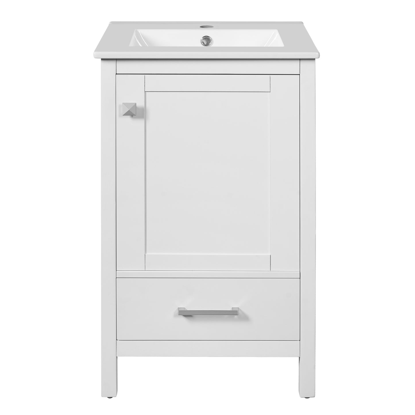 20-Inch Modern Bathroom Vanity with Ceramic Sink, Soft-Close Drawer & Door, Double-Layer Door Organizer, Divider Drawer, Adjustable Foot Pads – White Solid Wood+MDF, Space-Saving Storage Design