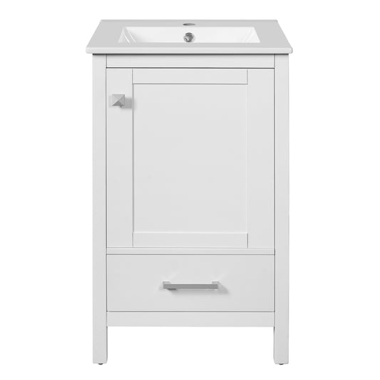 20-Inch Modern Bathroom Vanity with Ceramic Sink, Soft-Close Drawer & Door, Double-Layer Door Organizer, Divider Drawer, Adjustable Foot Pads – White Solid Wood+MDF, Space-Saving Storage Design