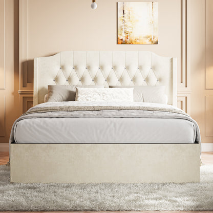Queen Size Tufted Upholstered Bed Frame with Crystal Button Accents, Bed Frame with Wingback Headboard and Under-Bed Storage Space, No Box Spring Needed,Beige