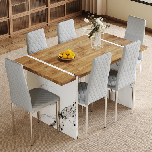 Table And Chair Set.Natural Wood Grain MDF Dining Table - 55'x31.5' Inch.Paired With 6 Modern Style Dining Chairs in Light Gray, Essential for Minimalist Homes.Blending into Various Home Environments.