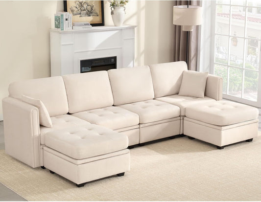 Sectional Couch, Modular Sectional Sofa Pet-Friendly Couch with Storage, Sleeper Sectional Sofa, Comfortable Convertible Sectional Couches for Living Room (Beige, 6 seats)