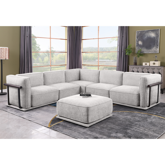 This is a set of  modular fabric sofa, including a corner module and multiple independent seating areas, paired with square ottomans of the same material.